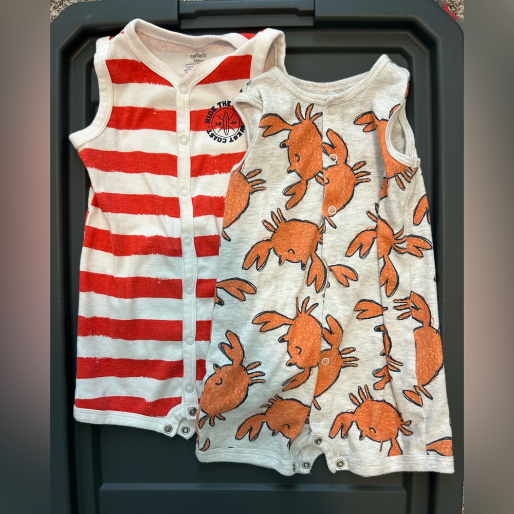 Carters 18m Sleeveless Romper Set - Red Stripes & Orange Crabs
